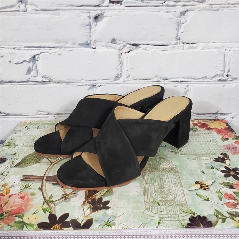 Poppy Barley Black Leather Criss Cross Strap Mules